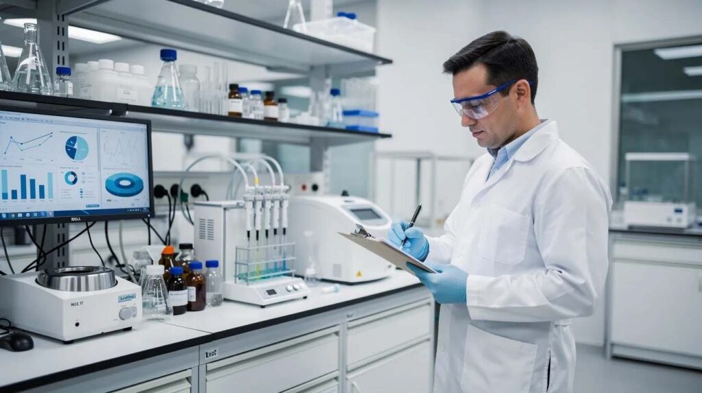 A technician is documenting test results next to laboratory equipment, surrounded by various tools and instruments essential for research and development activities. This scene highlights the importance of accurate documentation in the process of qualifying for research and development tax credits and ensuring compliance with IRS guidelines.