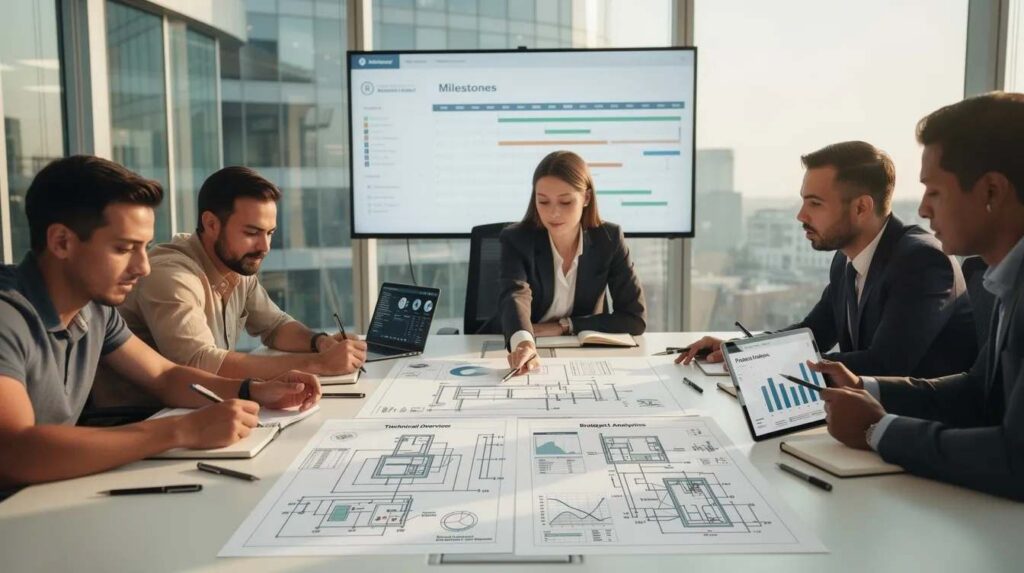 A finance and engineering team is engaged in a discussion, reviewing technical project documents related to research and development tax credits. They are likely analyzing qualified research expenses and evaluating the tax credit process to maximize benefits for their business goals.