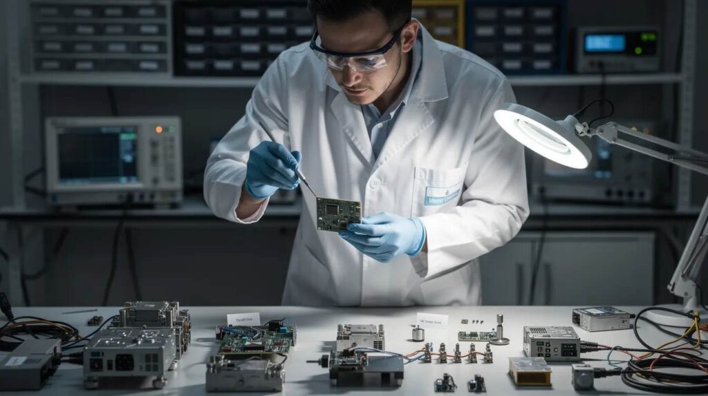 A technician is carefully examining prototype components on a workbench, surrounded by various tools and materials, highlighting the hands-on nature of research activities and development tax credit eligibility. This scene reflects the meticulous work involved in software development and the importance of maintaining compliance with federal tax regulations related to qualified research expenses.