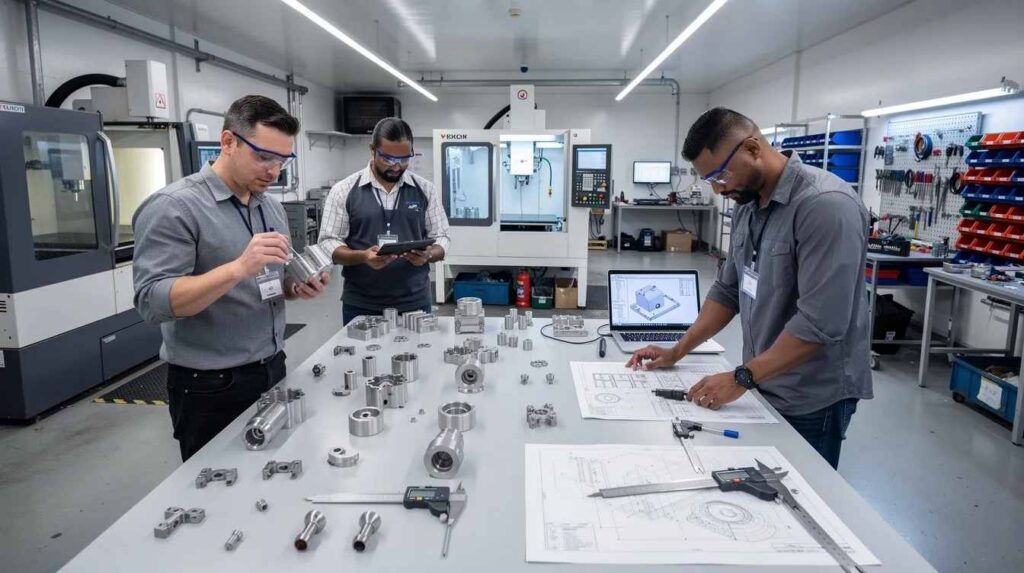 In a modern workshop, engineers are gathered around a table, meticulously reviewing prototype parts, likely as part of their research and development activities. This collaborative environment fosters innovation and may lead to eligible activities that qualify for various tax credit services, including development tax credits and IRS guidelines for research expenses.