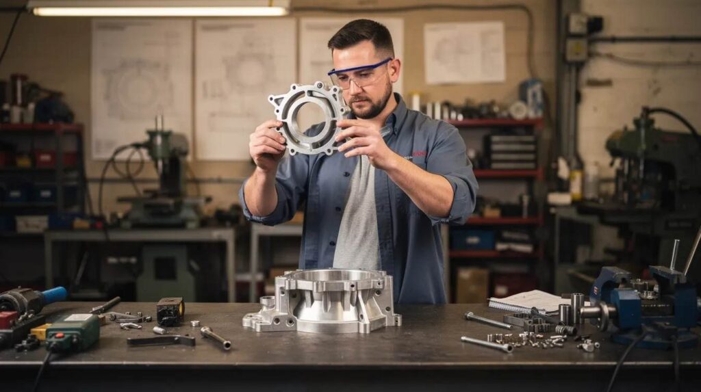 An engineer is examining a prototype component in a workshop, surrounded by various tools and materials. This setting highlights the innovation and development process involved in creating new products, showcasing the hands-on work that contributes to research and engineering projects.