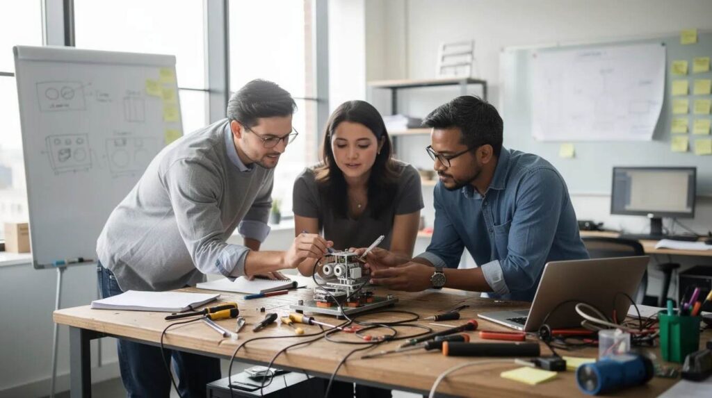 A small team of professionals is gathered around a workbench, testing a product prototype while discussing research expenses and development tax credits. They are engaged in a collaborative process to innovate and develop new products, showcasing teamwork and engineering expertise.