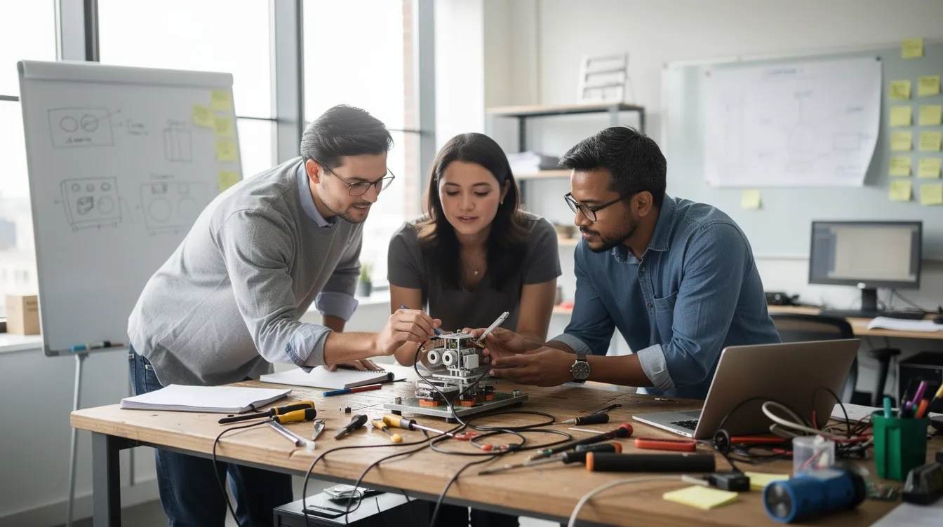 A small team of professionals is gathered around a workbench, testing a product prototype while discussing research expenses and development tax credits. They are engaged in a collaborative process to innovate and develop new products, showcasing teamwork and engineering expertise.