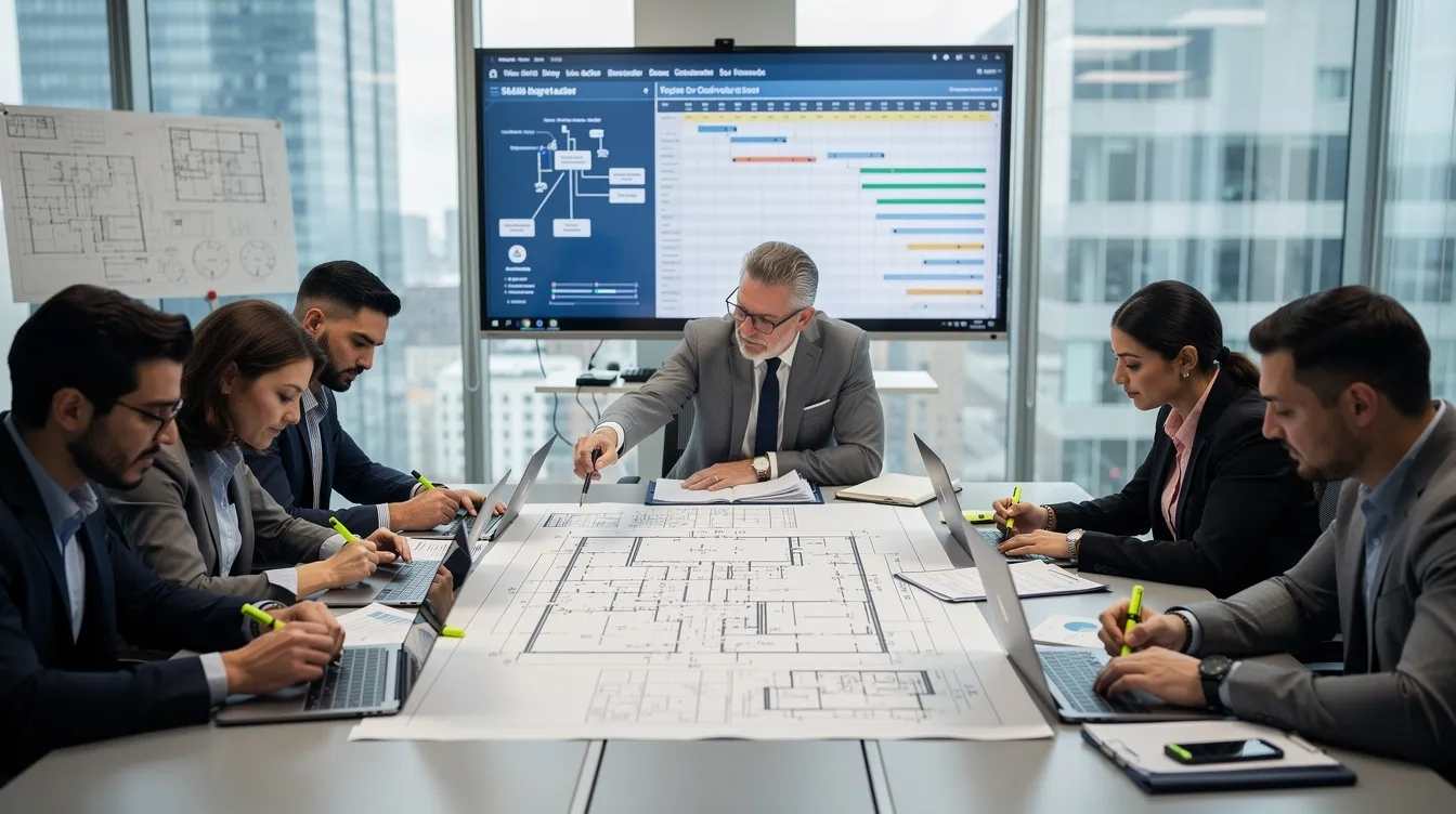 A group of professionals is seated around a conference table, reviewing technical project documents related to research expenses and development tax credits. They are discussing the eligibility criteria for the r d tax credit and how it can benefit large businesses and their clients.