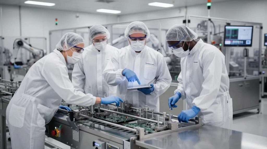 In a clean manufacturing environment, engineers are carefully examining advanced equipment, highlighting their dedication to innovation and research activities. This scene reflects the importance of qualified research expenses and the potential for companies to benefit from federal incentives, such as the R&D tax credit, to maximize their investment in new products and processes.