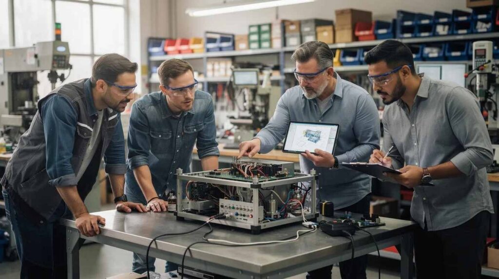 In a workshop, engineers are intently reviewing a prototype, surrounded by tools and materials essential for development activities. Their focus on this new or improved product highlights the importance of qualified research activities, which can lead to potential tax savings through R&D tax credits and other federal incentives.