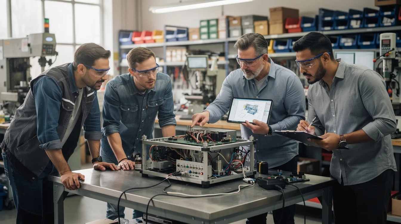 In a workshop, engineers are intently reviewing a prototype, surrounded by tools and materials essential for development activities. Their focus on this new or improved product highlights the importance of qualified research activities, which can lead to potential tax savings through R&D tax credits and other federal incentives.
