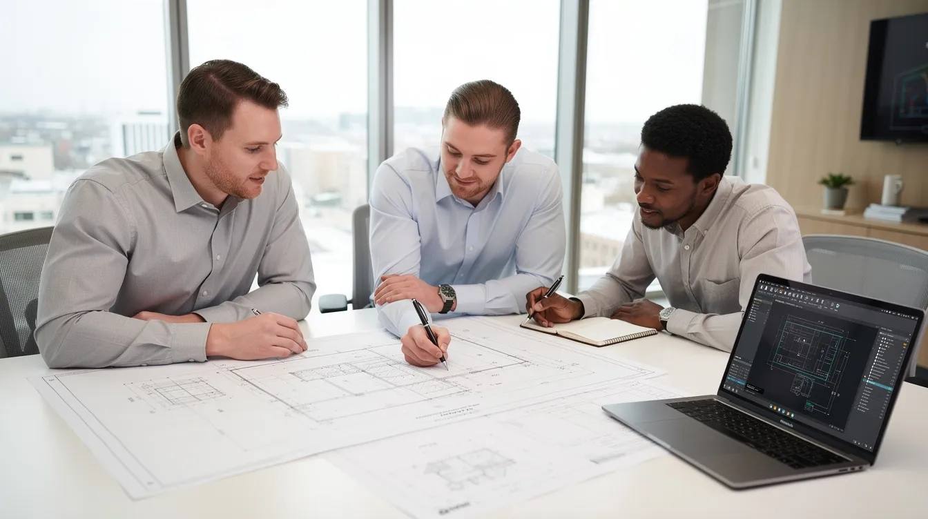 A product team is gathered around a laptop, closely reviewing engineering drawings and discussing various aspects of their project, which may include qualified research activities eligible for tax credits. The scene reflects a collaborative environment focused on developing new or improved products while considering potential tax savings and compliance with IRS guidelines.