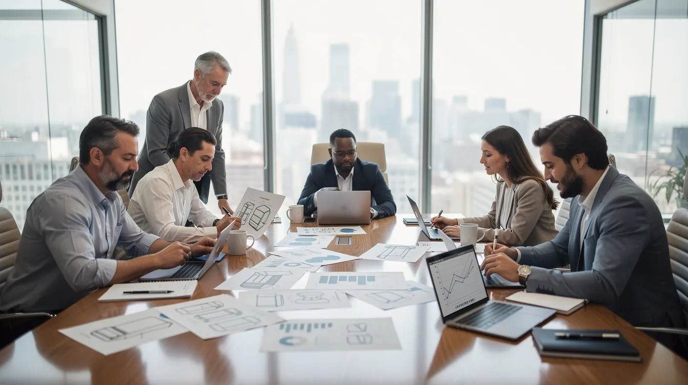 A group of tax professionals is gathered around a conference table, reviewing financial records and product sketches. They are discussing eligible activities for tax credit services, focusing on the company's qualified research expenses and the potential benefits of the development tax credit.