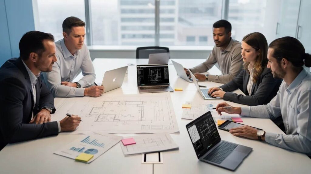 A team of professionals is gathered around a conference table, reviewing engineering plans and financial documents related to tax credit services and development tax credit opportunities. The atmosphere is focused, with discussions likely centered on qualifying research activities and maximizing tax benefits for their clients.