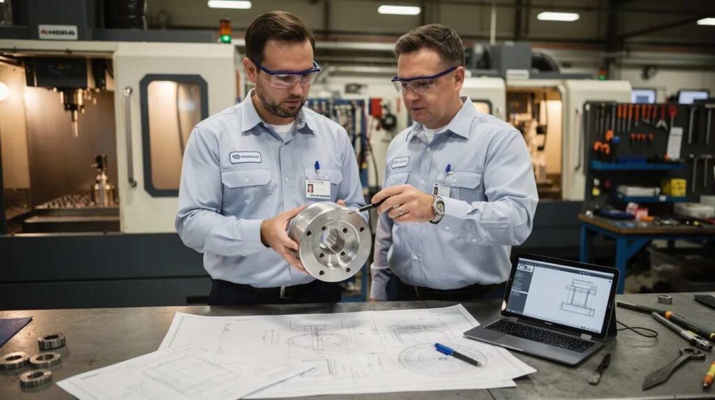 In a workshop, engineers are closely examining a prototype machine part, discussing its design and functionality. This collaborative environment highlights their focus on research and development, essential for creating new or improved products that may qualify for R&D tax credits and other financial incentives.