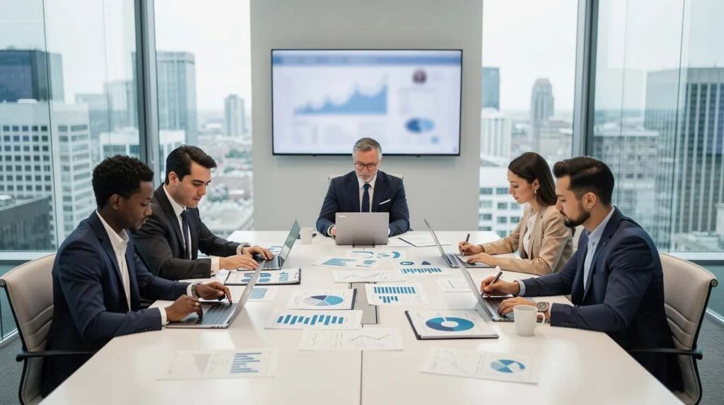 A diverse business team is gathered around a conference table, intently reviewing financial documents related to tax credit services, including development tax credits and qualified research expenses. They are discussing strategies to maximize tax savings and compliance with IRS guidelines, highlighting the importance of research and development tax incentives for their clients.