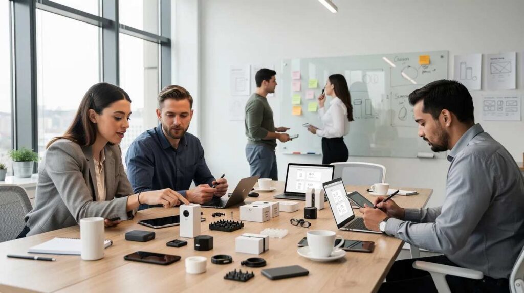 In a modern workspace, a diverse group of people collaborates to review product prototypes, discussing their features and potential improvements. This environment fosters innovation, essential for businesses looking to enhance their research and development tax credits and optimize their qualified research expenses.