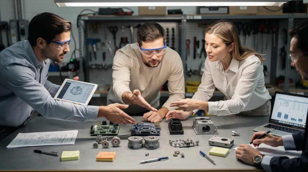 In a workshop setting, an engineering and finance team is engaged in a discussion about prototype components, focusing on how to maximize tax savings through qualified research activities and development tax credits. The atmosphere is collaborative, with team members sharing insights on compliance requirements and strategies for documenting expenses related to their innovative projects.
