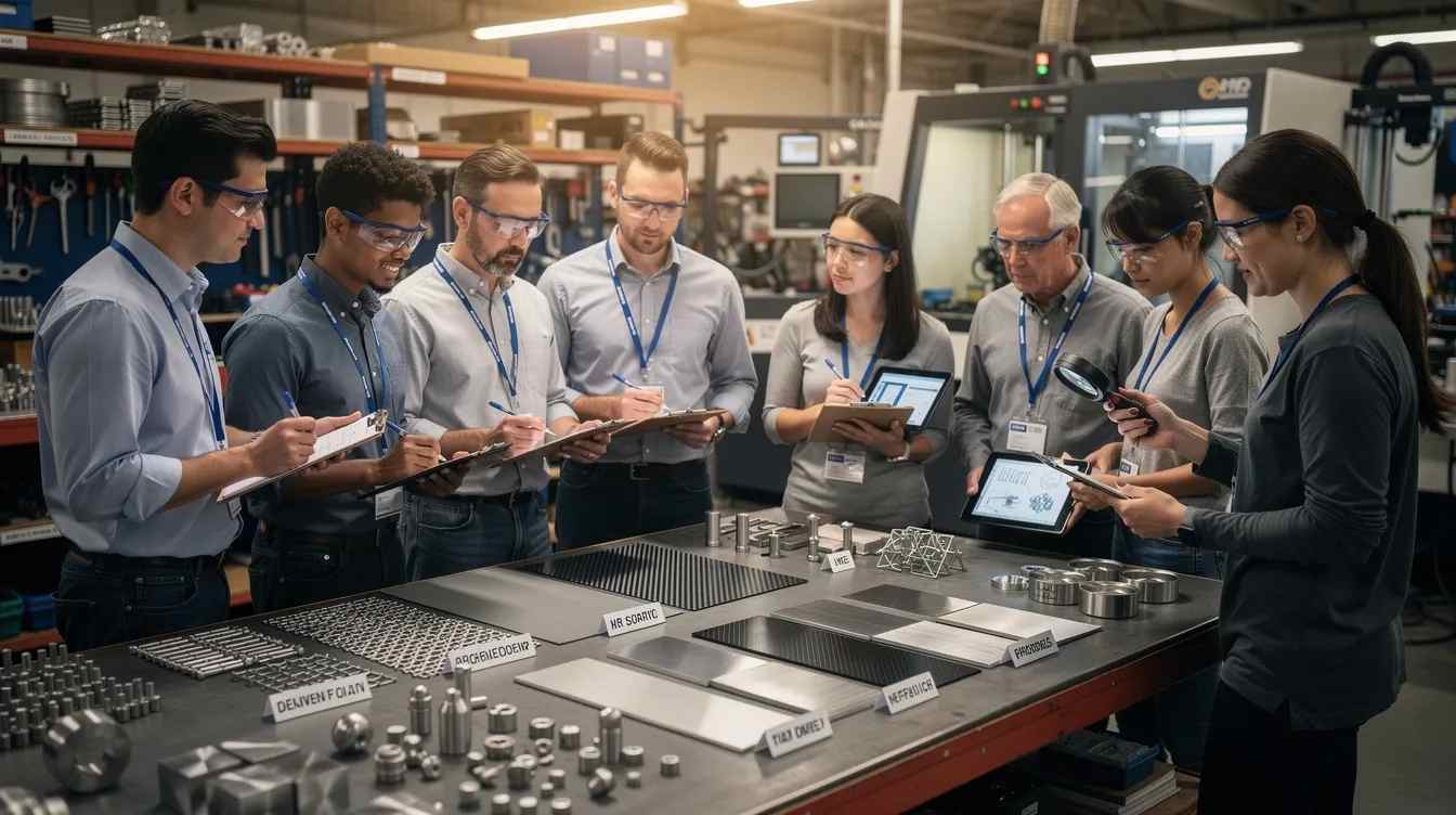 A group of engineers is gathered in a workshop, examining various prototype materials as part of their research and development process. They are focused on innovation costs and qualified research activities, which may help them claim federal and state tax credits for their projects.