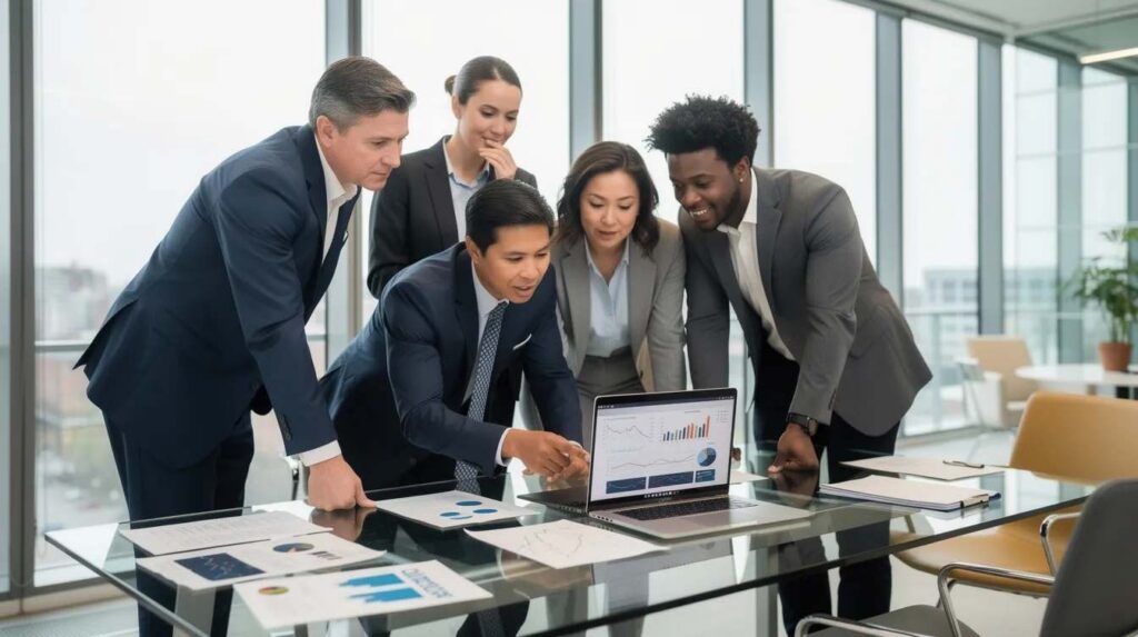 In a modern office setting, business owners are intently reviewing financial data on a laptop, likely discussing tax credit services and strategies to maximize their benefits. The scene reflects a focus on improving cash flow and understanding the implications of tax laws on their operations.