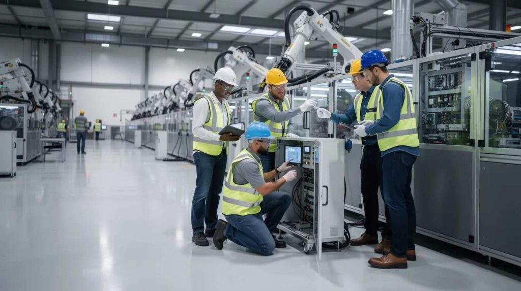 In a modern production facility, engineers are inspecting various pieces of equipment, ensuring quality control and compliance with safety standards. Their work is crucial for maintaining efficient operations and may involve activities related to qualified research expenses that could qualify for federal tax credits.