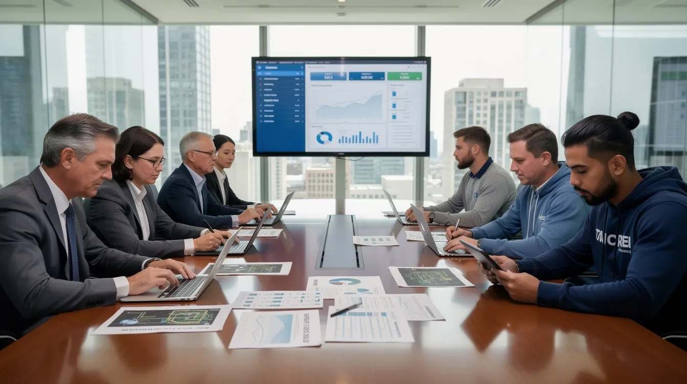 In a conference room, tax professionals are collaborating with engineers as they review financial documents related to qualified research activities and potential tax credits. The scene highlights their expertise in tax liability and compliance, focusing on maximizing tax savings for clients through tailored solutions and detailed documentation.