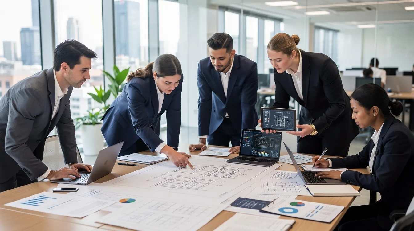 In a modern office setting, a group of professionals is engaged in reviewing technical project documents, focusing on aspects related to research activities and tax credit services. They are likely discussing strategies to claim credits for qualified research expenses and evaluating documentation requirements for maximizing tax savings.