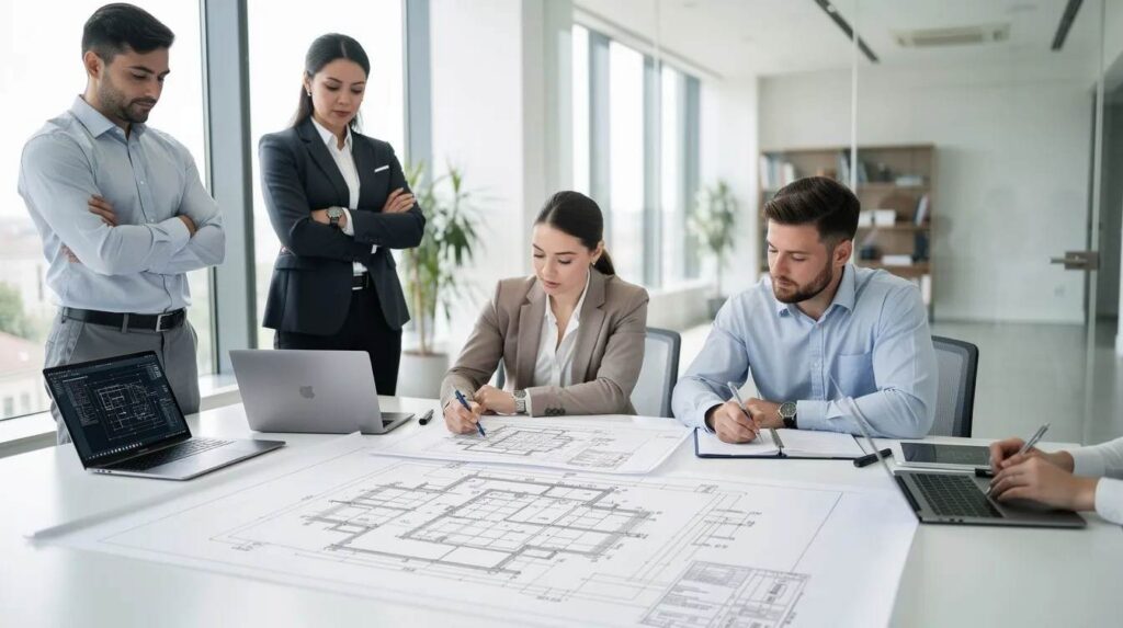 In a bright office, a group of professionals is engaged in reviewing engineering documents, likely discussing qualified research expenses and tax credit eligibility related to their projects. The atmosphere is focused and collaborative, reflecting the importance of their work in software development and research activities.