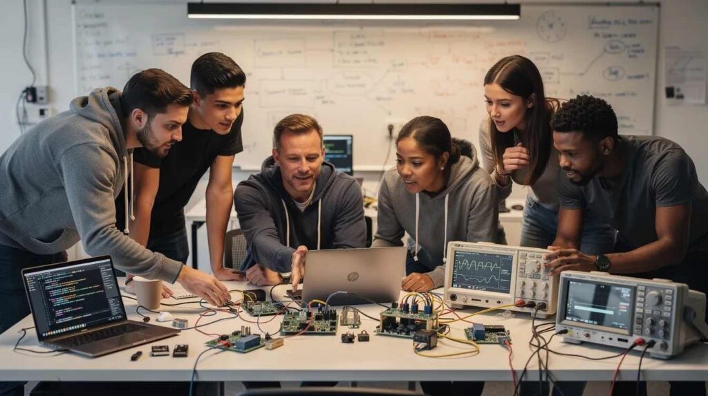 A group of software developers is collaborating around laptops and test equipment, engaged in discussions about innovation costs and qualified research activities. Their teamwork focuses on creating new or improved products, while considering tax credit opportunities and the documentation requirements necessary for claiming research and development tax credits.