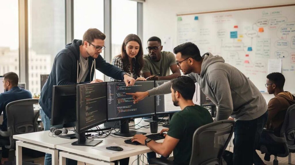 A group of software developers and engineers collaborate around computer screens, discussing their work on various projects. They are likely focused on optimizing tax credits for qualified small businesses, including the R&D tax credit and payroll tax credits, to enhance their financial strategies and compliance.