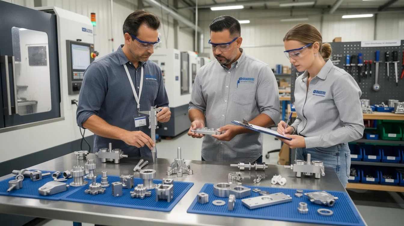 A group of engineers is focused on examining prototype parts in a bustling manufacturing workspace, surrounded by tools and machinery. Their collaborative efforts may lead to innovations that could qualify for research and development tax credits, benefiting many businesses through potential tax relief and incentives.