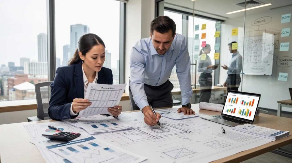 In a modern office, a team of professionals is diligently reviewing engineering documents alongside financial records, focusing on tax credits and federal income tax liability. Their expertise as tax credit specialists helps clients navigate complex issues like payroll tax credits and the R&D tax credit, ensuring compliance and maximizing potential benefits for qualified small businesses.