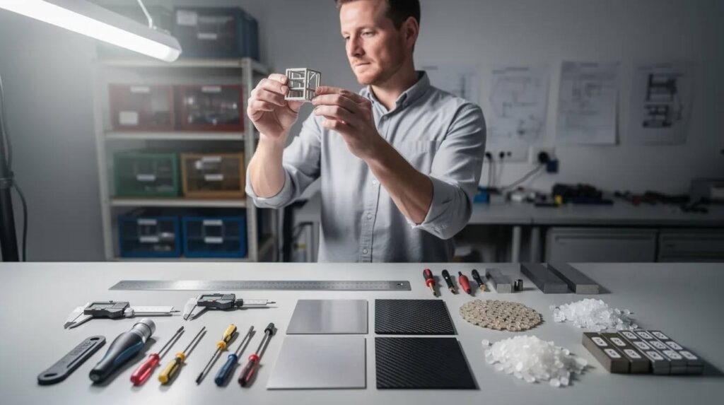 An engineer is closely examining a prototype part, surrounded by various tools and material samples, which highlights the innovation process essential for research and development activities. This scene reflects the meticulous work that goes into qualifying for tax credits and benefits related to engineering and technology advancements.