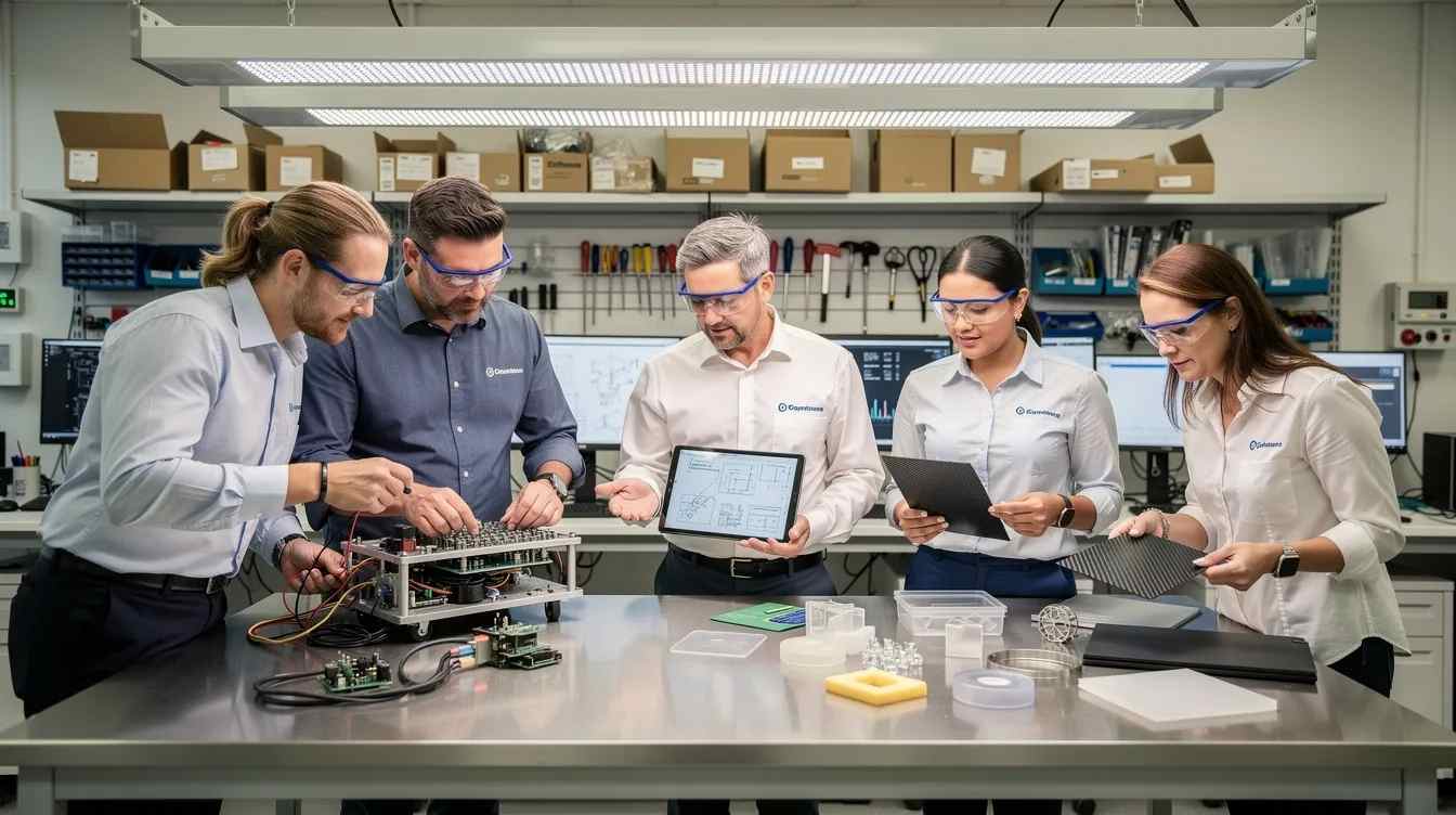 A technical team is gathered around various pieces of equipment and prototype materials, engaging in research and development activities to evaluate new or improved products. They are likely discussing qualified research expenses and development tax credits, aiming to enhance their processes and drive innovation.