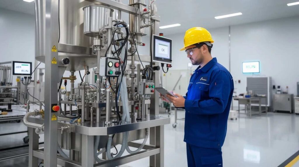 A technician is carefully inspecting advanced machinery in a clean manufacturing facility, ensuring optimal performance and compliance with safety standards. This environment reflects the importance of qualified research activities and innovation costs in the realm of research and development tax credits.