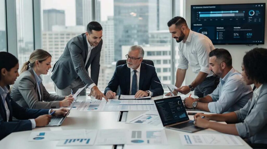 A group of finance and technical professionals is gathered around a table, reviewing project documents related to research and development activities. They are discussing various aspects of eligible activities for development tax credits, focusing on maximizing tax savings for their clients.