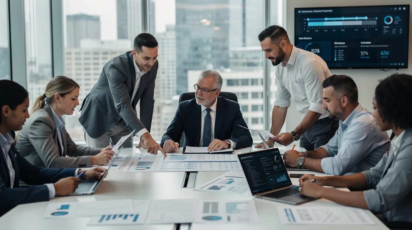 A group of finance and technical professionals is gathered around a table, reviewing project documents related to research and development activities. They are discussing various aspects of eligible activities for development tax credits, focusing on maximizing tax savings for their clients.