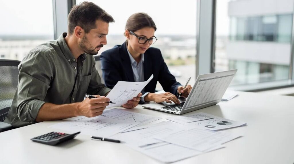 An engineer and a finance professional are seated next to a laptop, reviewing financial documents that likely pertain to qualified research expenses and tax credit opportunities. They appear focused on discussing strategies to maximize tax savings through eligible activities related to research and development.