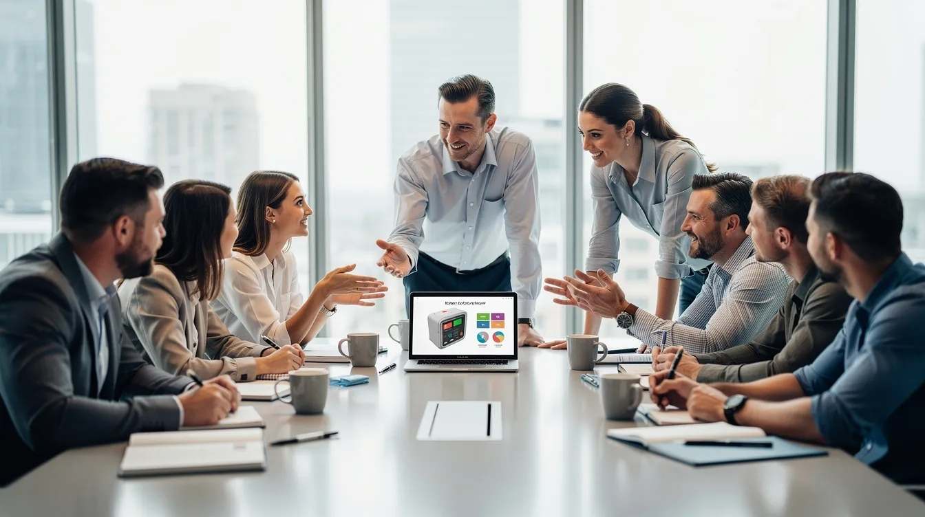 A diverse team of professionals is engaged in a discussion around a conference table, focused on product development strategies. They are likely assessing the company's qualified research expenses and exploring opportunities for tax credit services related to their new or improved product initiatives.