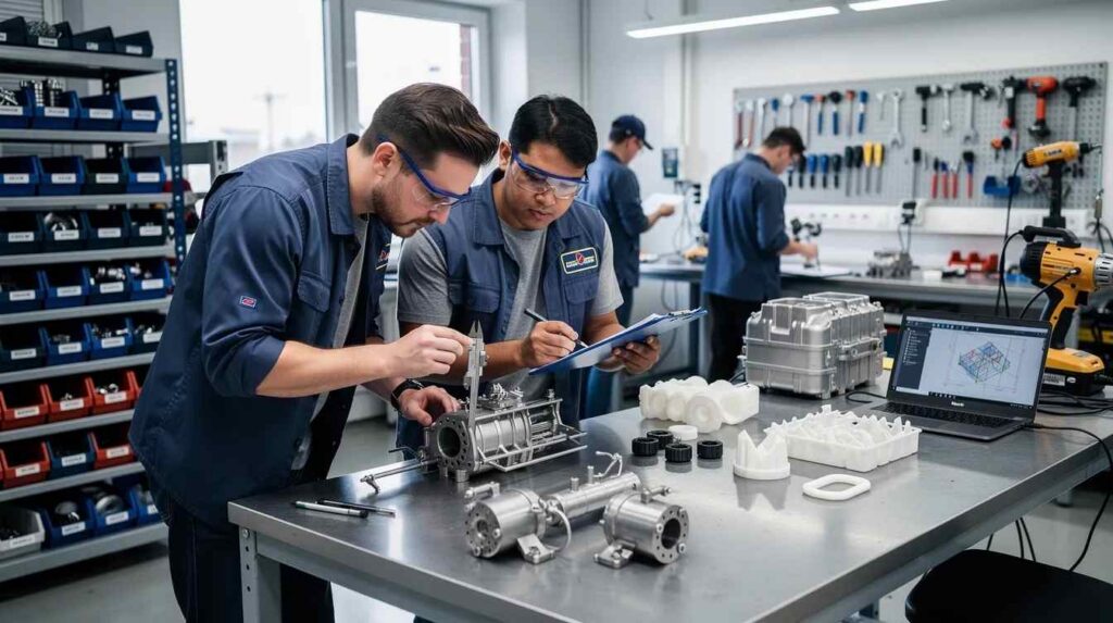 In a workshop, engineers are intently reviewing prototype components, discussing their designs and functionality. This collaborative environment highlights the research and development activities essential for creating new or improved products, potentially qualifying for development tax credits.