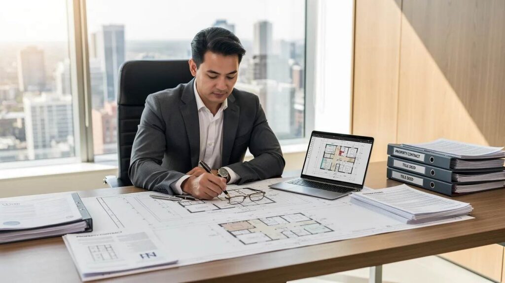 A real estate professional is intently reviewing detailed architectural plans and property documents, likely assessing the potential for a cost segregation study to maximize tax savings for property owners. The scene conveys a focus on optimizing cash flow and understanding the benefits of depreciation deductions for various real estate investments.