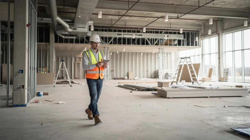 An engineer with a tablet walks through an unfinished commercial interior, assessing the space which will later undergo a cost segregation study to maximize tax savings for property owners. The scene highlights the importance of proper asset classification and depreciation deductions in improving cash flow for real estate investors.