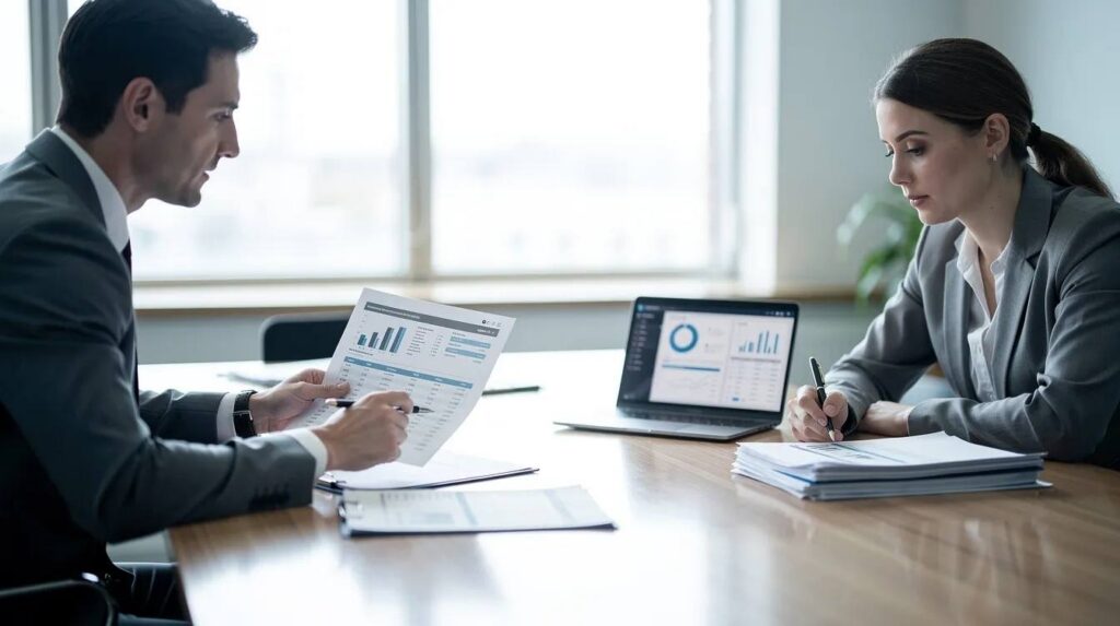 A tax professional is reviewing financial documents with a client at a desk, providing personalized guidance on tax preparation services and planning strategies to address their unique financial situation. The atmosphere reflects a proactive approach to managing tax liabilities and ensuring compliance with federal and state tax codes.