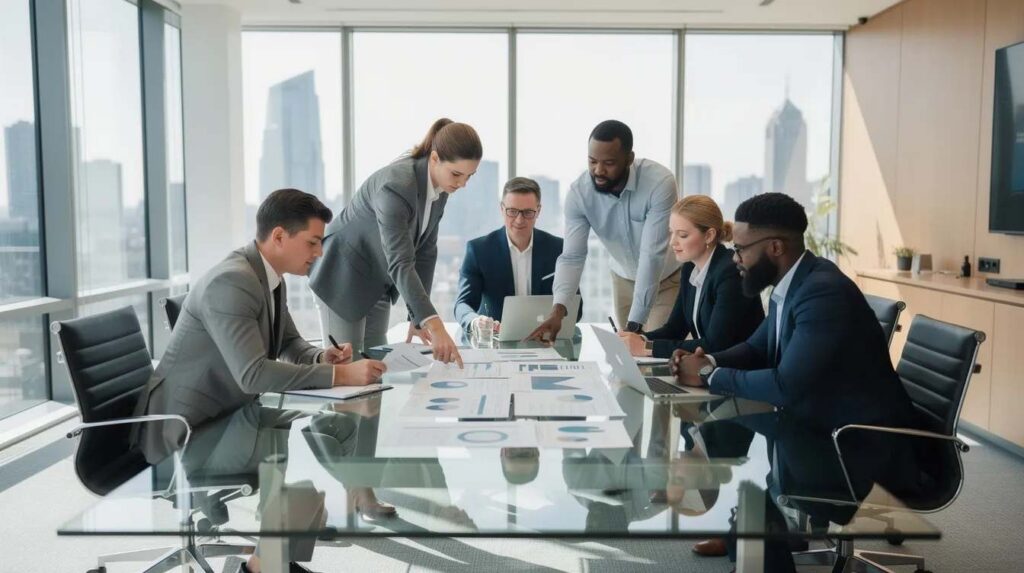 A modern office team of diverse professionals is gathered around a conference table, engaged in a discussion about tax preparation services and planning strategies. They are reviewing documents and collaborating to address complex tax issues, showcasing their commitment to providing personalized guidance for clients' unique financial situations.