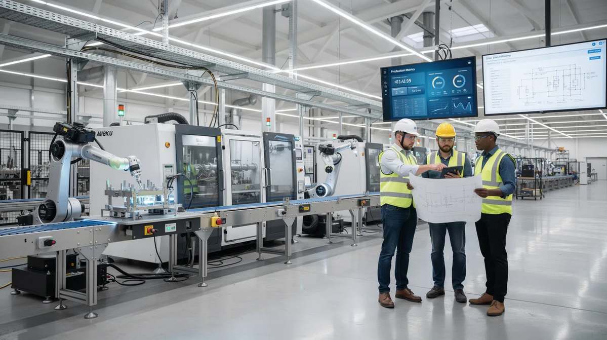 A modern manufacturing facility with advanced automated equipment and an engineering team working on improvements to the production line.