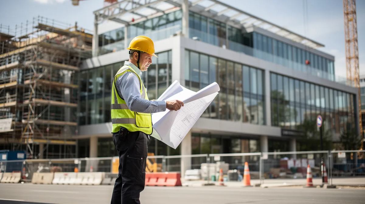 An architect examining blueprints in front of a modern glass-fronted municipal building that is currently under construction. This project aims to meet energy efficiency standards and qualify for the 179d deduction for architects under the Internal Revenue Code.
