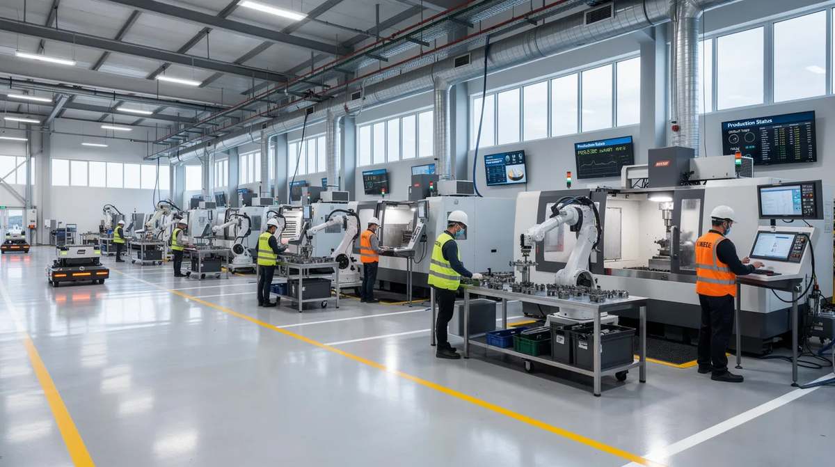 A modern manufacturing facility floor bustling with workers operating various machinery and automated equipment, showcasing the efficiency and innovation within the industry. This environment highlights the importance of tax credit consulting services for businesses seeking to maximize their benefits and navigate the entire tax credit process effectively.