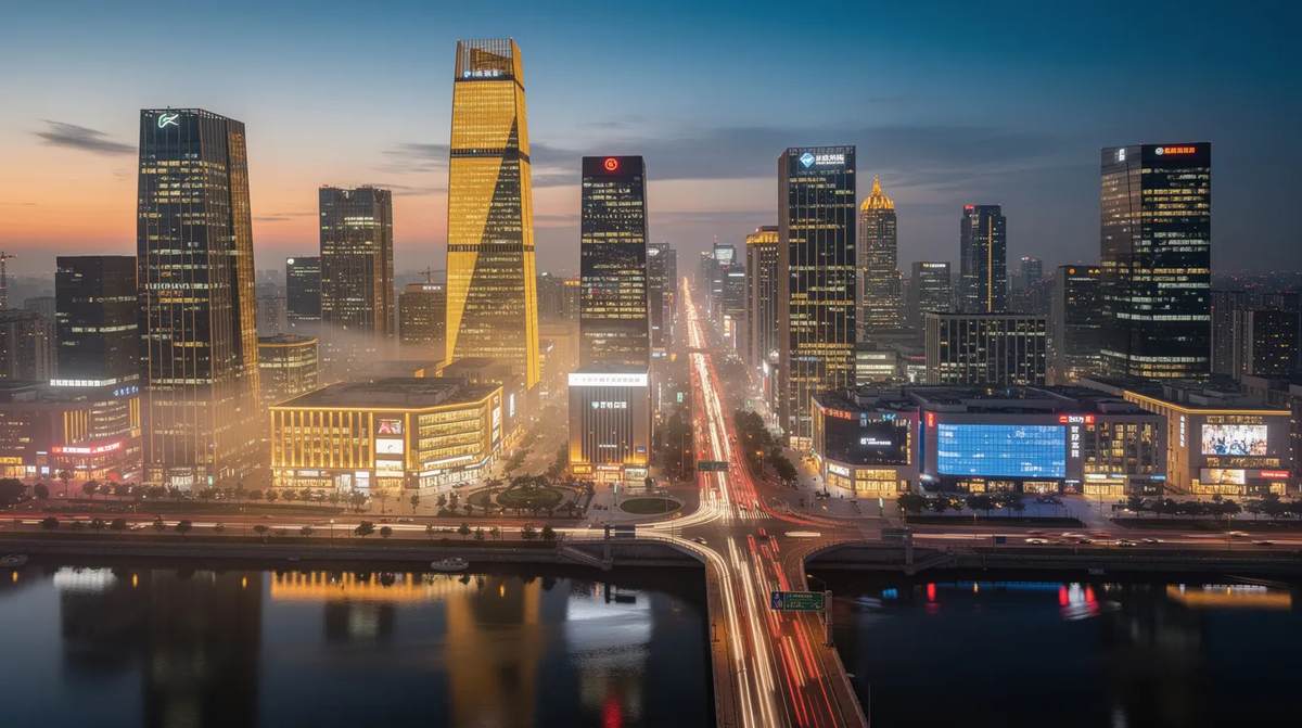 A vibrant city skyline at dusk, showing illuminated commercial districts that symbolize economic growth and business expansion. This scene reflects the potential for tax incentives and corporate tax credits that can drive investment and development in urban areas.