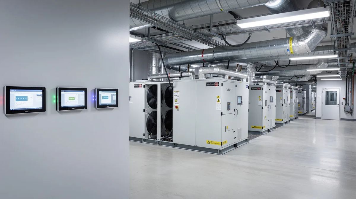 The interior of a mechanical room in a commercial building, with high-efficiency chiller units, extensive ductwork, and digital control panels.