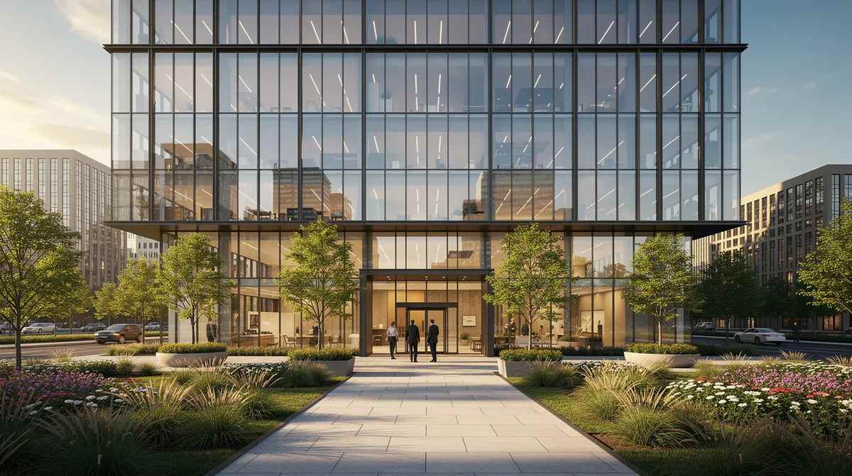 A modern commercial building with floor-to-ceiling energy-efficient glass windows, highlighting the building's commitment to energy efficiency and sustainable design. This energy-efficient commercial building may qualify for the section 179d tax deduction.