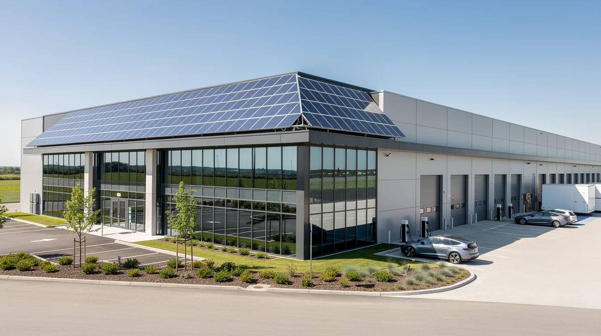 A modern commercial warehouse building with large windows and rooftop solar panels for an energy-efficient design. This commercial building not only enhances natural lighting, but also offers commercial building tax deductions through energy-saving upgrades and adherence to the internal revenue code.
