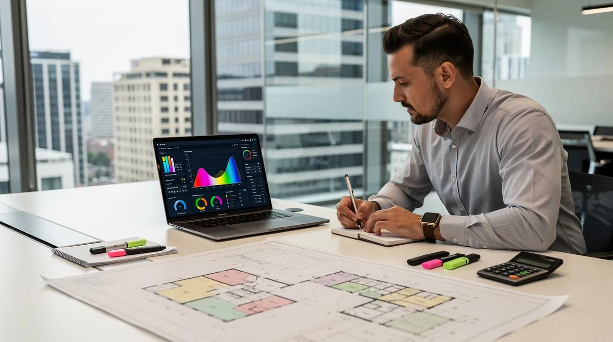 A section 179d consultant reviewing energy simulation software on a laptop, with building blueprints spread across a conference table.