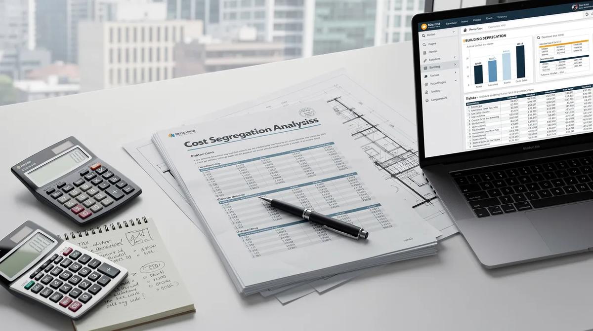 A desk cluttered with financial documents, a calculator, and a laptop, showing the planning involved in commercial building tax deductions and cost segregation analysis.