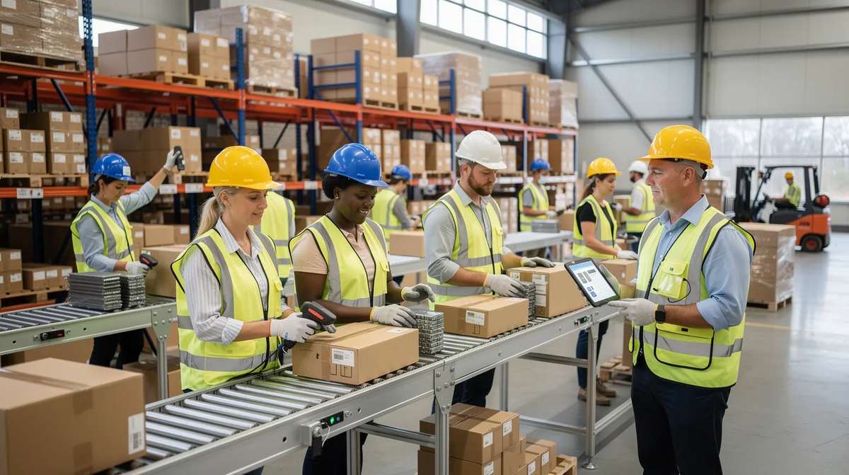 A group of employees in a busy warehouse, surrounded by machinery and equipment. This environment showcases job creation and economic development, as they work together on projects that may benefit from various tax incentives and credits for small businesses.